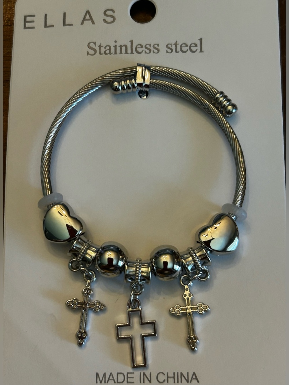 Ellas Stainless Steel Silver Heart and Multi Cross Adjustable Charm Bracelet New - Picture 2 of 2